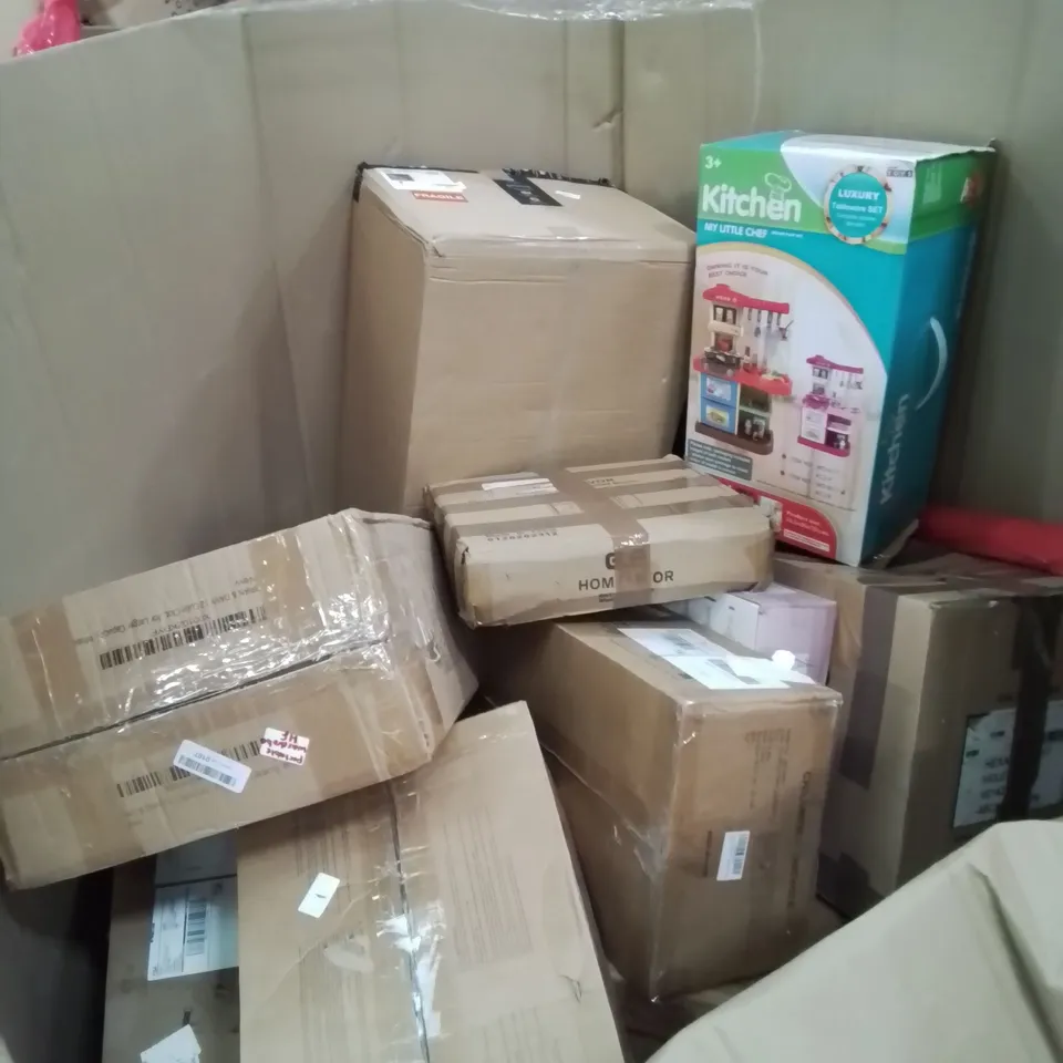 PALLET OF ASSORTED HOUSEHOLD ITEMS TO INCLUDE, KIDS TRIKE, BOXED FURNITURE, KIDS PLAY KITCHEN, BREAD BOX, ETC.