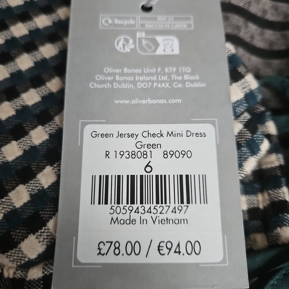 OLIVER BONAS GREEN JERSEY CHECK MINI DRESS – UK SIZE 6