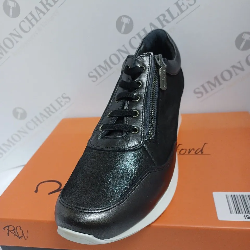 BOXED RUTH LANGSFORD WEDGE TRAINERS, PEWTER - SIZE 8