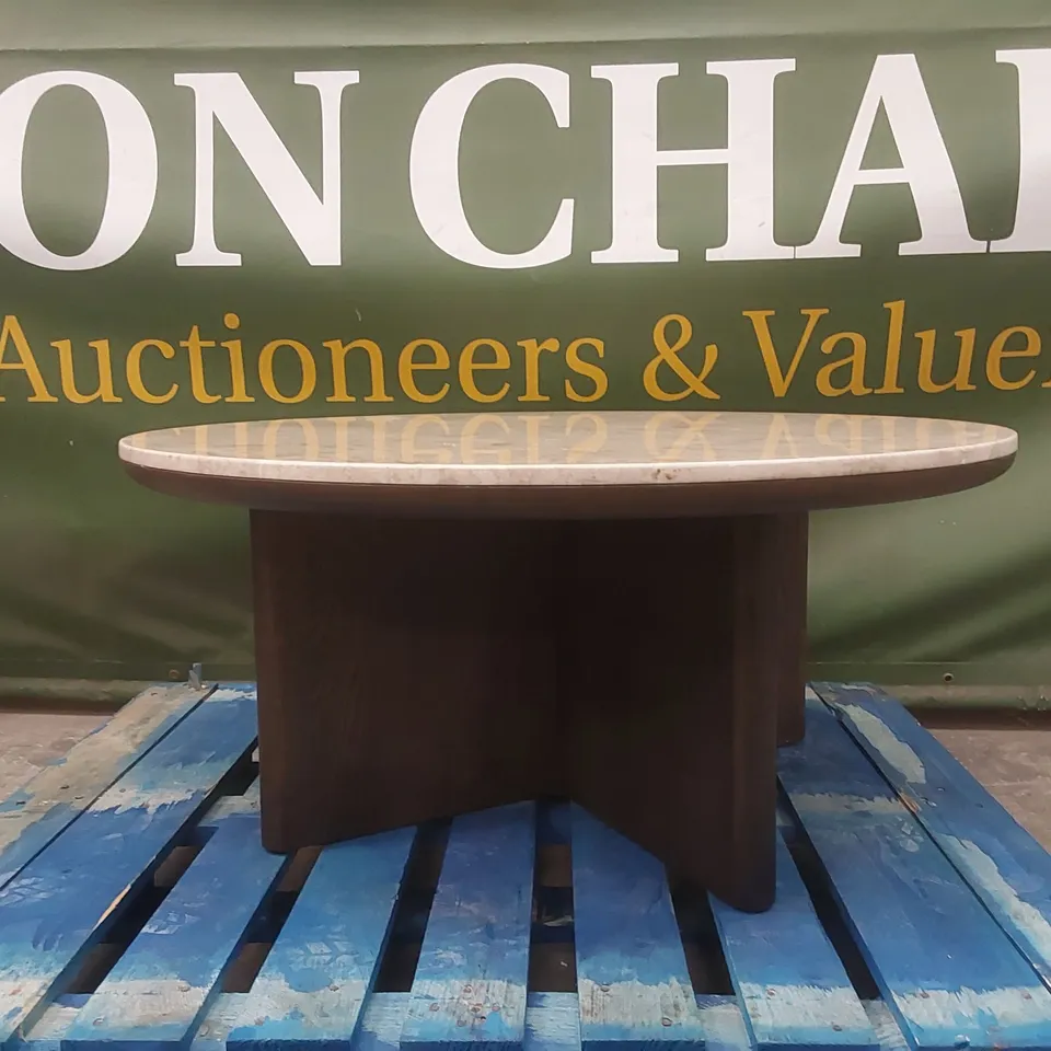 DESIGNER BROWN MARBLE COFFEE TABLE WITH SOLID WOOD BASE