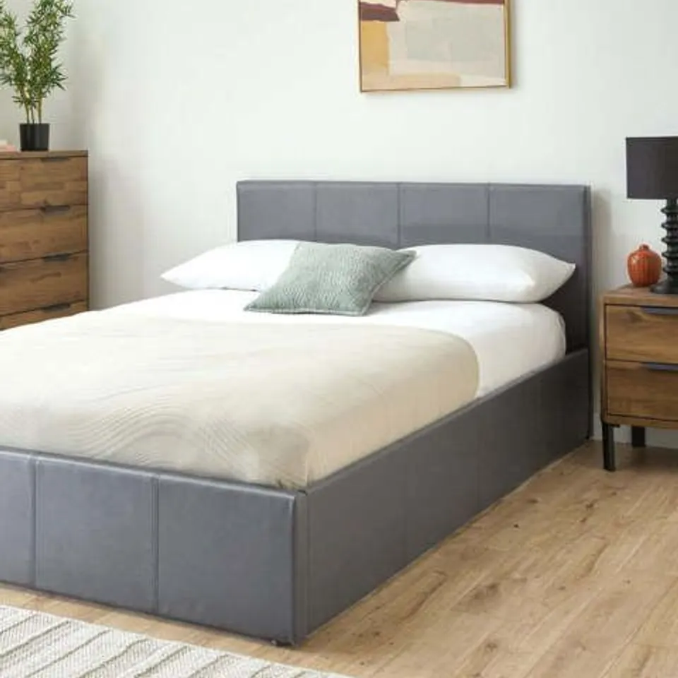 BOXED MARSTON GREY FAUX LEATHER SIDE LIFT DOUBLE BED FRAME (2 BOXES)