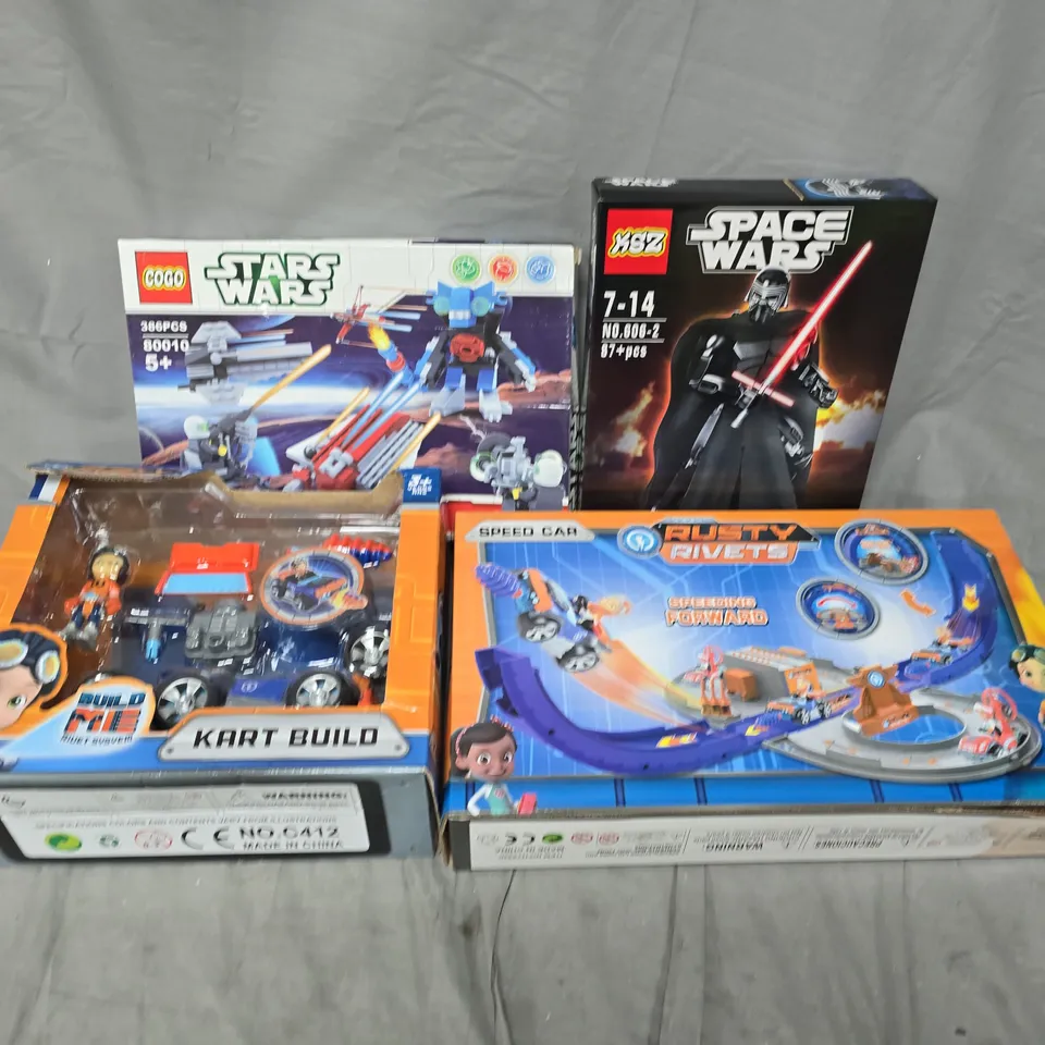 APPROXIMATELY 12 ASSORTED TOYS & GAMES ITEMS TO INCLUDE RUSTY RIVETS KARTU BUILD, COGO STARS WARS SET 80010, XSZ SPACE WARS TOY, ETC