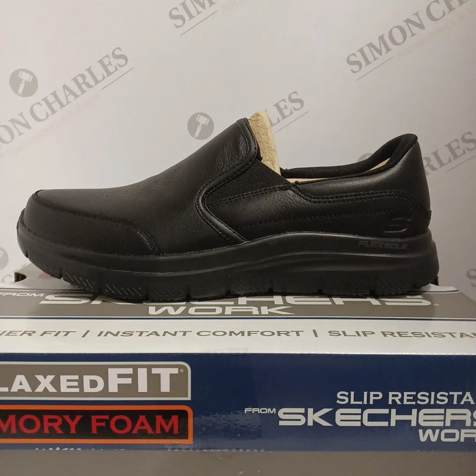 BOXED SKECHERS MEN'S FLEX ADVANTAGE LEATHER SLIP RESISTANT WORK SHOE, BLACK - SIZE 8 