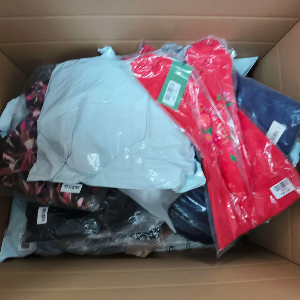LARGE BOX OF ASSORTED CLOTHING ITEMS TO IN VARIOUS STYLES , COLORS AND SIZES