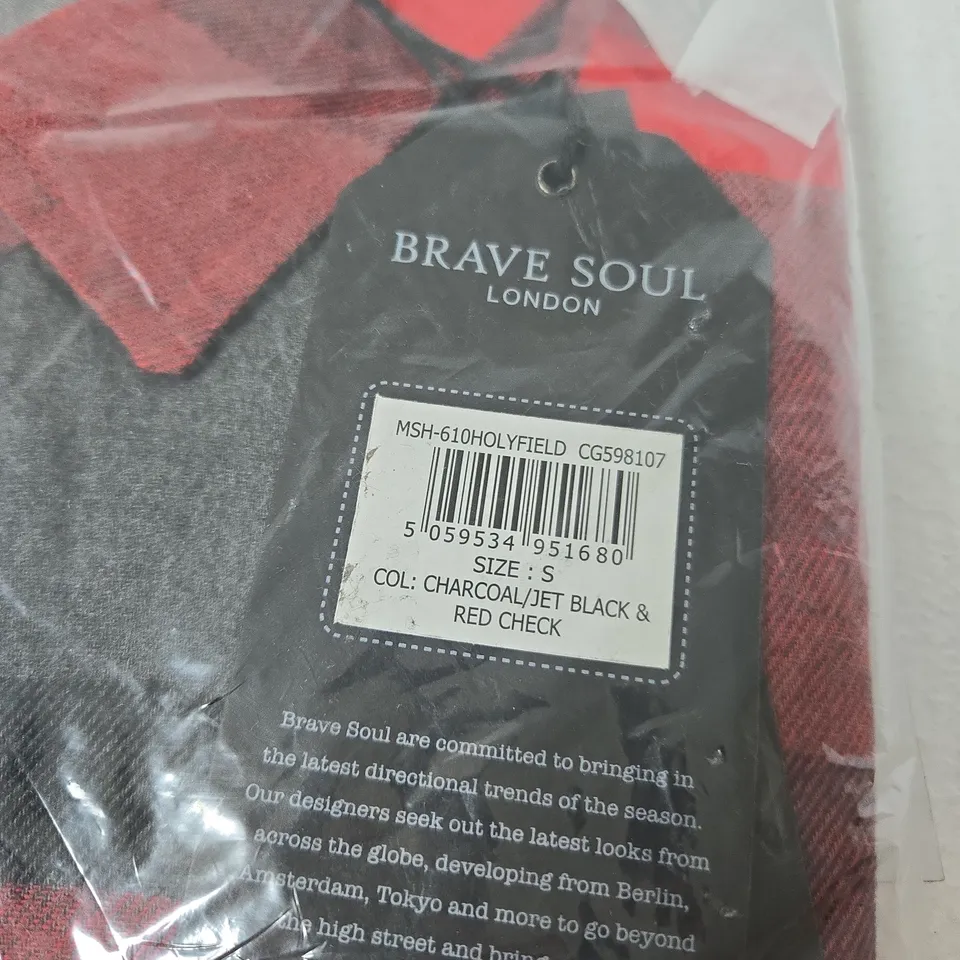 BRAVE SOUL LONDON MEN'S SHIRT – CHARCOAL/JET BLACK & RED CHECK – SIZE S