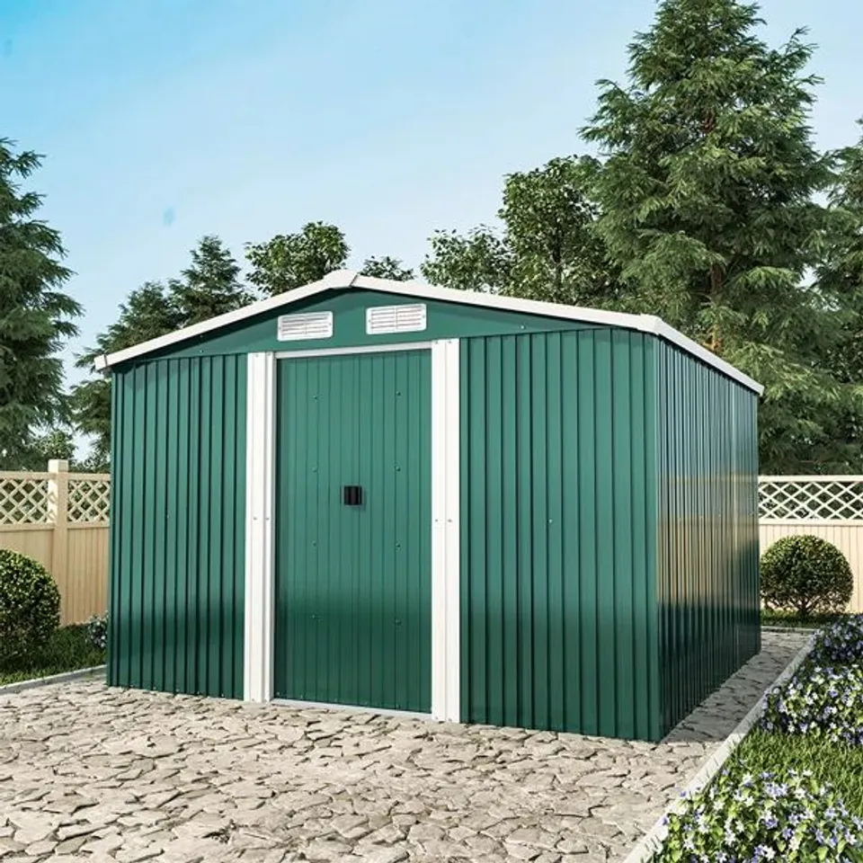 BOXED AJNAG 8FT W X 8FT D METAL TOOL SHED - GREEN (3 BOXES)
