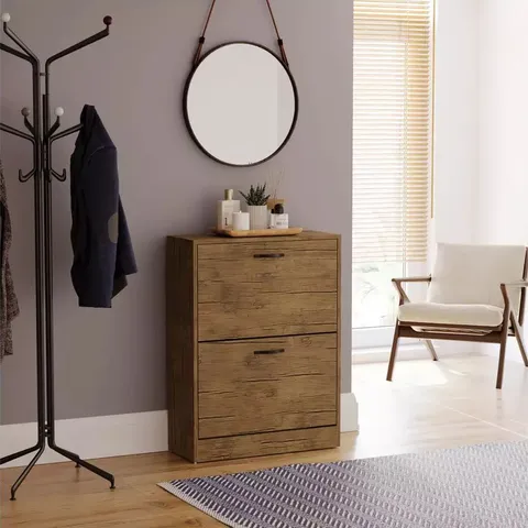 BOXED VIDA 2 DRAWER SHOE CABINET - ANTIQUE BROWN (1 BOX)