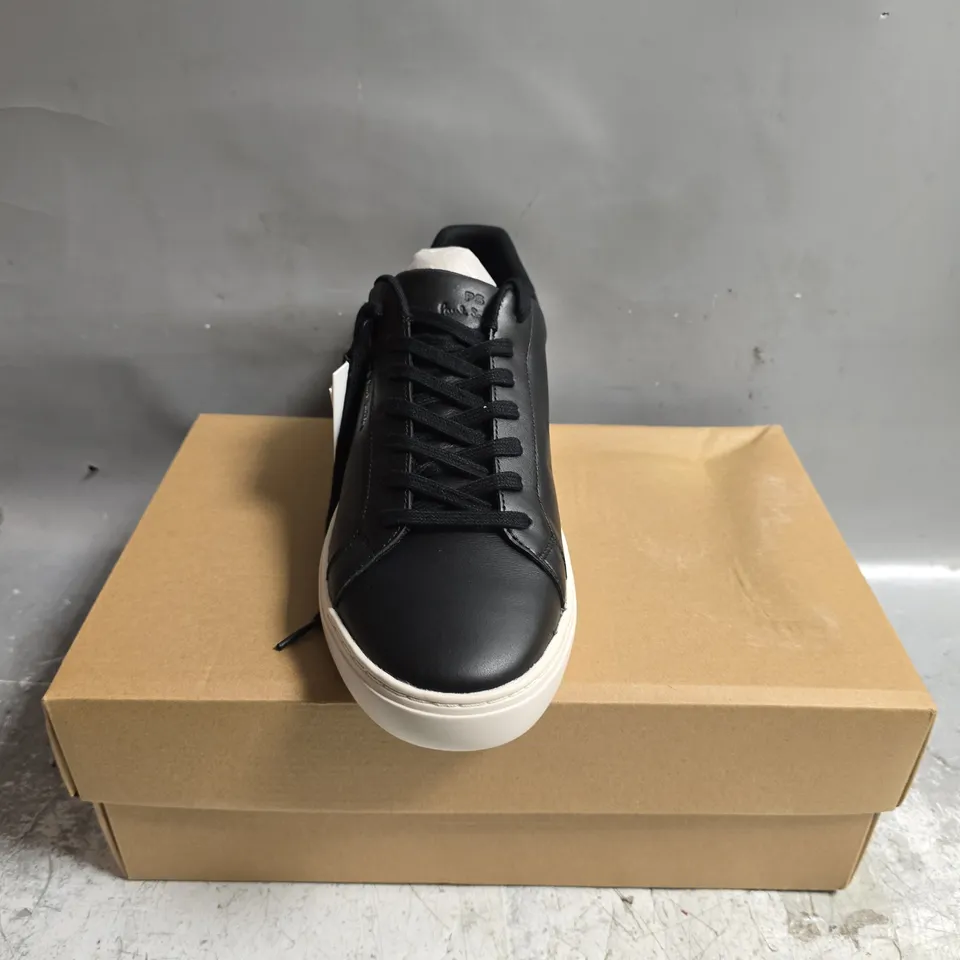 BOXED PAIR OF PAUL SMITH REX BLACK LEATHER TRAINERS - UK 10