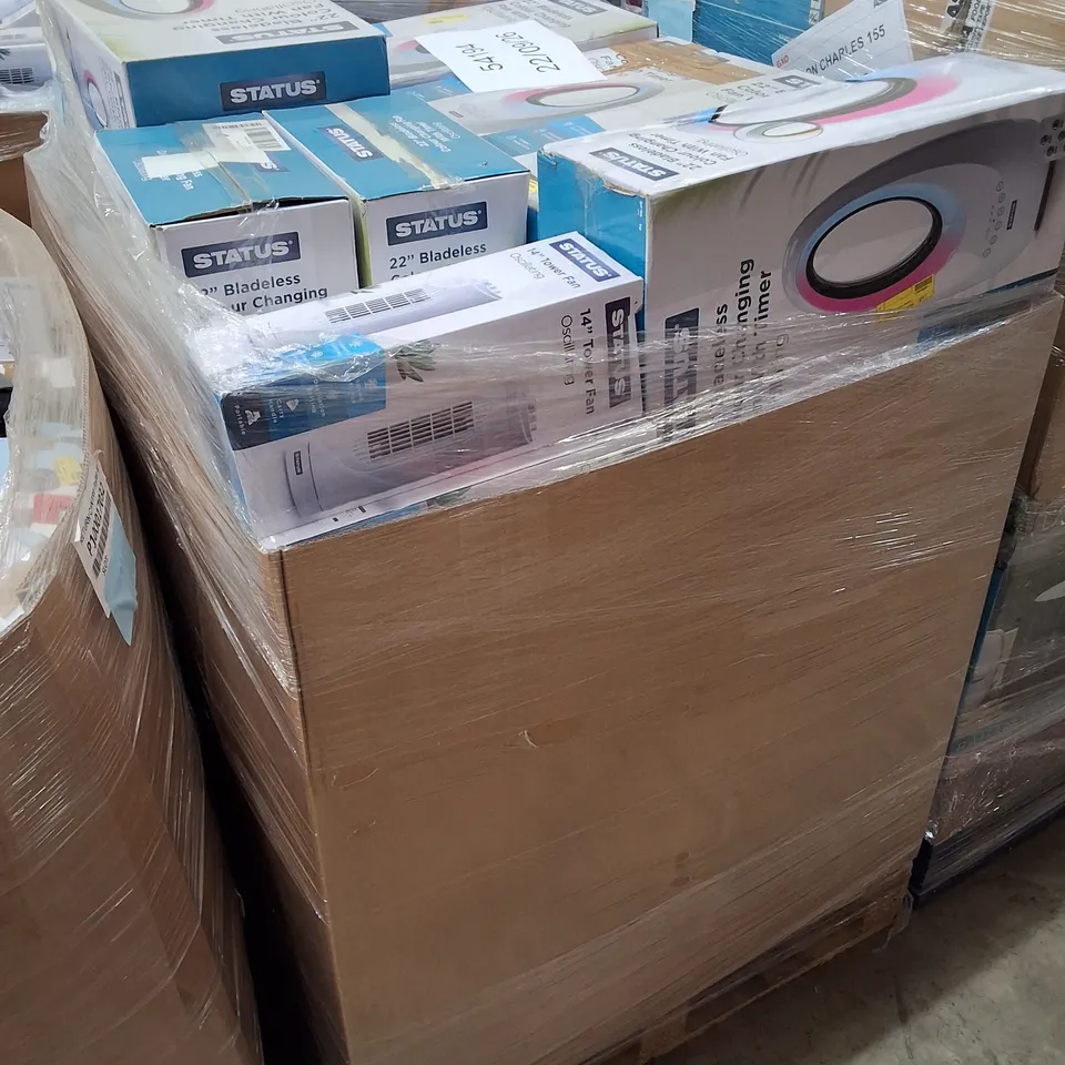 PALLET CONTAINING LARGE QUANTITY OF RETURN STATUS 22" BLADELESS COLOUR CHANGING FANS WITH TIMER & 14" TOWER FANS
