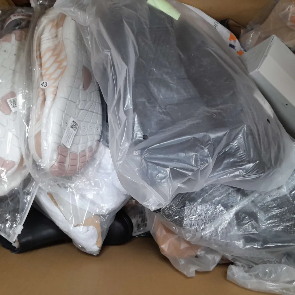 BOX OF APPROXIMATELY 10 ASSORTED PAIRS OF SHOES AND FOOTWEAR ITEMS IN VARIOUS COLOURS, STYLES, AND SIZES - COLLECTION ONLY