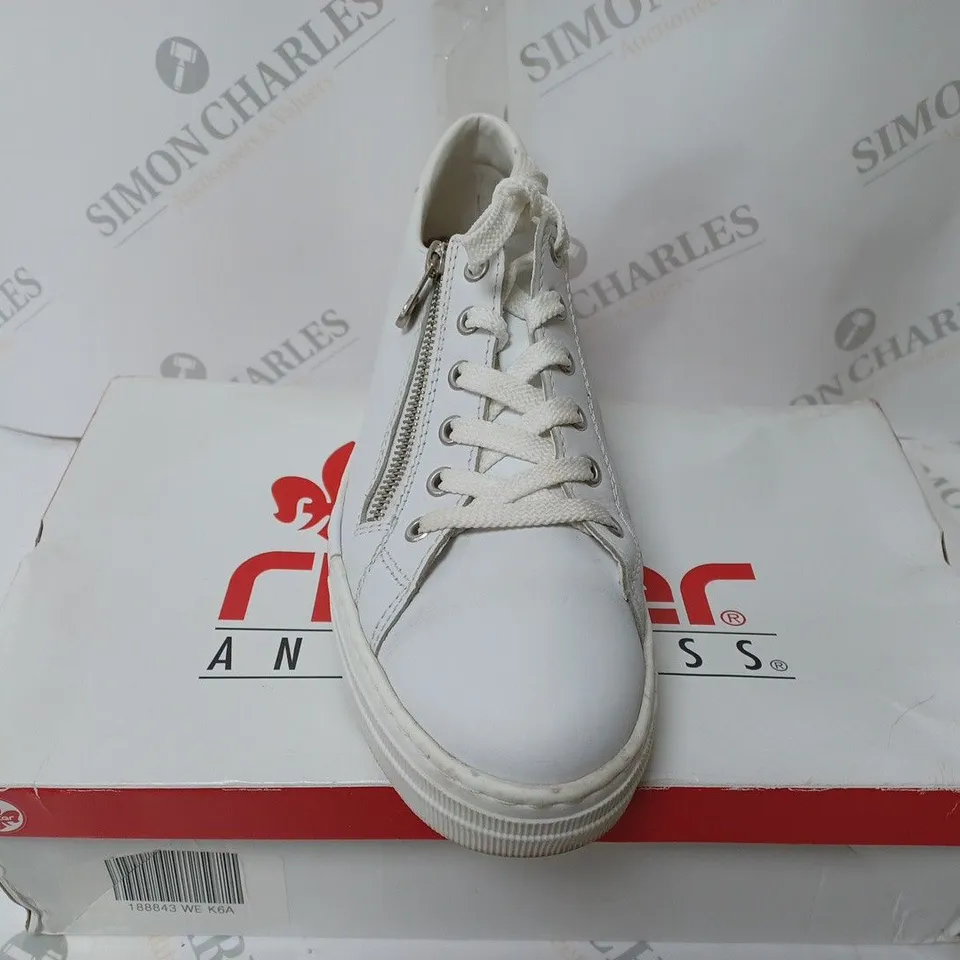BOXED PAIR OF RIEKER ANTISTRESS ZIP TRAINER WHITE  - SIZE 6.5