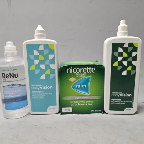 APPROXIMATELY 13 ASSORTED VISION CARE ITEMS & NICOTINE TO INCLUDE - NICORETTE GUM , SPECSAVERS ALLPURPOSE , RENU SENSITIVE EYES ETC