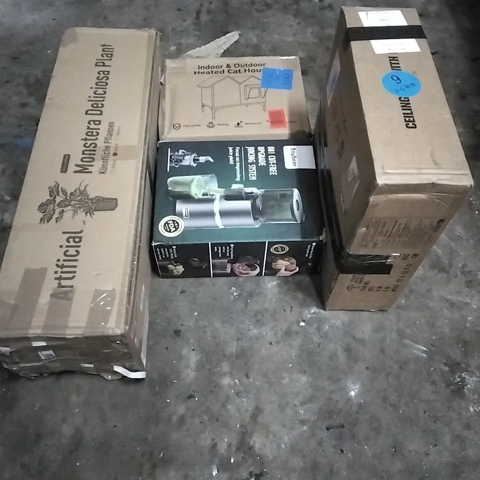 PALLET OF HOUSEHOLD ITEMS TO INCLUDE ARTIFICIAL MONSTERA DELICIOUS PLANT,INDOOR AND OUTDOOR HEATED CAT HOUSE,JUICING SYSTEM CELING FAN WITH LIGHT AND OTHER ASSORTED ITEMS...
