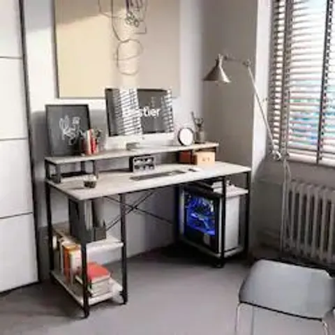 BOXED BESTIER - GAMING MONITOR SHELF DESK WITH STORAGE -55" WIDE - WASH GRAY