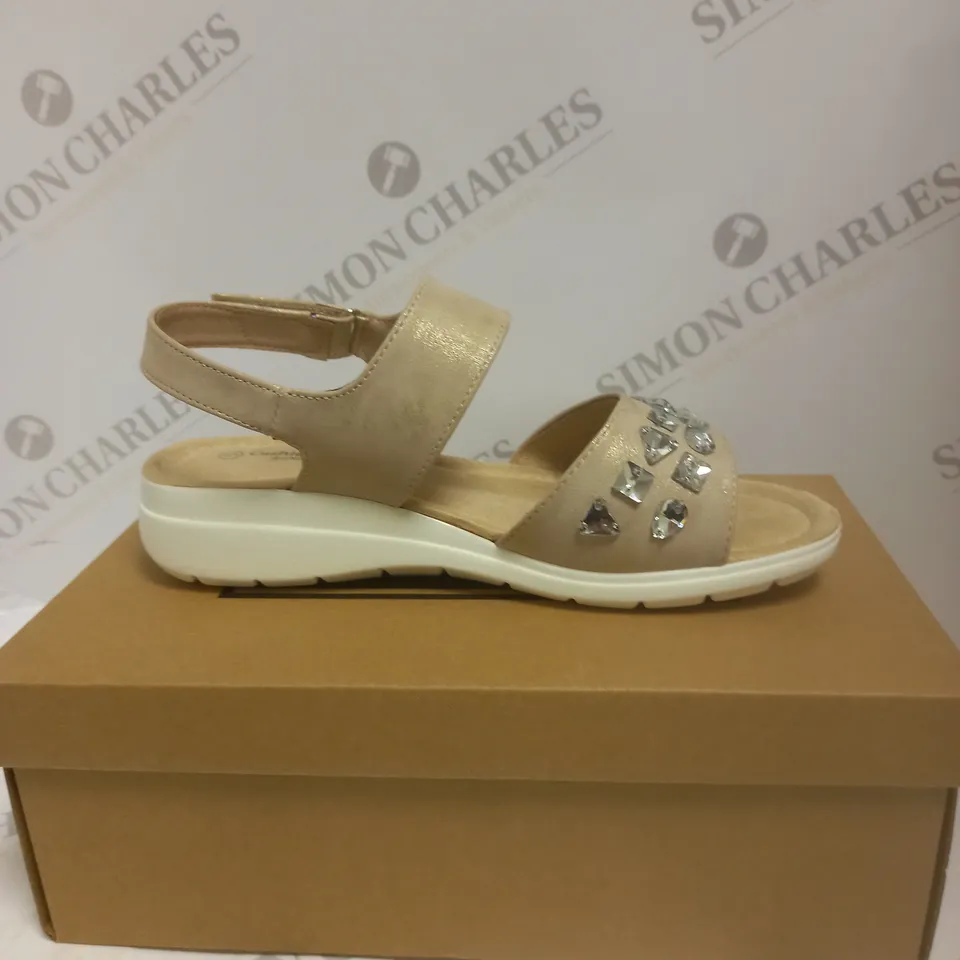 BOXED PAIR OF CUSHION WALK JEWELLED SANDALS IN GOLD - SIZE 5