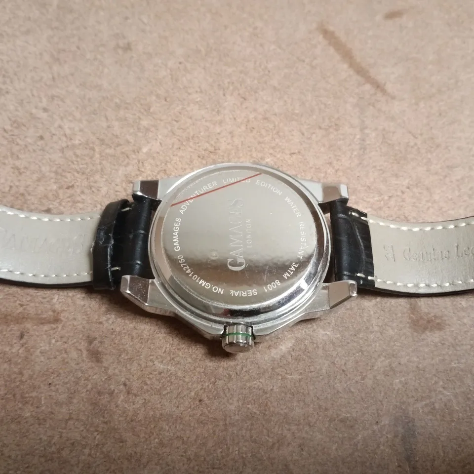 GAMAGES LONDON ADVENTURER LIMITED EDITION WRISTWATCH – GREEN DIAL, BLACK LEATHER STRAP (BOXED)