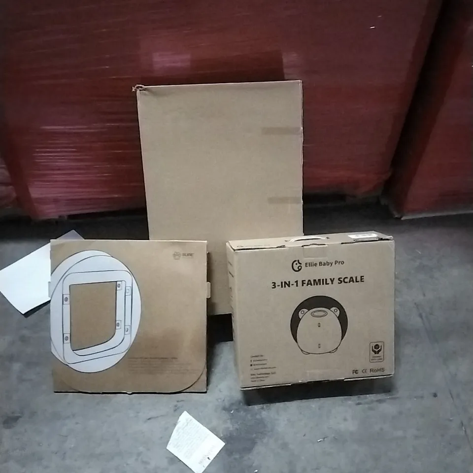 PALLET OF HOUSEHOLD ITEMS TO INCLUDE 3 IN 1 FAMILY SCALES, SHOWER SYSTEM, PET DOOR MOUNTING ADAPTER AND OTHER ASSORTED ITEMS....