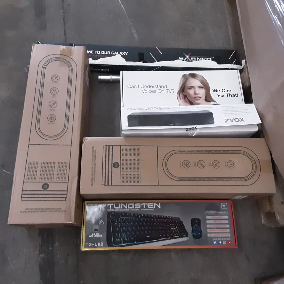 PALLET OF ASSORTED PRODUCTS INCLUDING COMBO TUNGSTEN KEYBOARD AND MOUSE, ACOOLIR BLADLESS FAN, ZVOX TV SPEAKER, ORGANZY  4L AIR COOLER, LED FLOOR LIGHT, OLSEN & SMITH TOWER CERAMIC FAN 