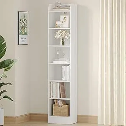BOXED HZUANERI BOOKCASE, 7-TIER NARROW TALL BOOKSHELF WITH ADJUSTABLE SHELF WHITE | WOODEN BOOKSHELF, 24 X 30 X 199 CM