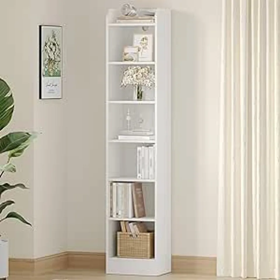 BOXED HZUANERI BOOKCASE, 7-TIER NARROW TALL BOOKSHELF WITH ADJUSTABLE SHELF WHITE | WOODEN BOOKSHELF, 24 X 30 X 199 CM