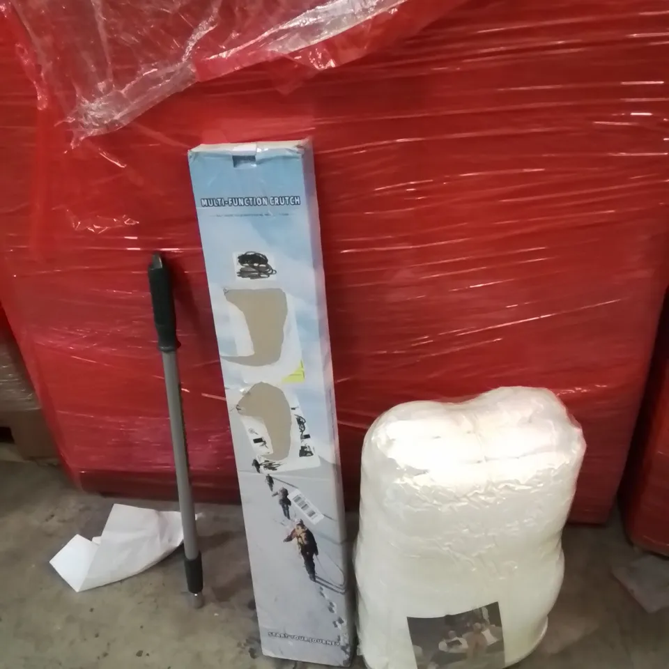 PALLET OF ASSORTED HOUSEHOLD GOODS AND PRODUCTS TO INCLUDE;LARGE AREA RUG,CRUTCH,EXTENDABLE POLE