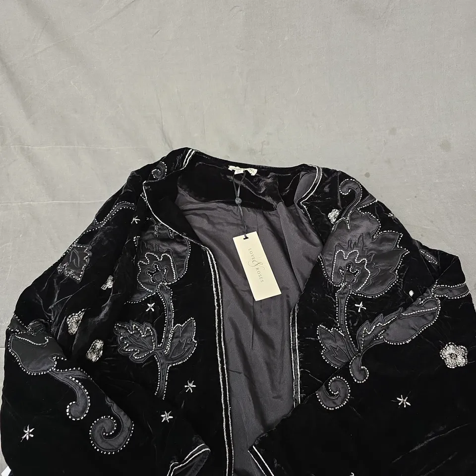 LOVE ROSES BLACK VELVET BEADED JACKET – UK 14 (EU 42; US 10)