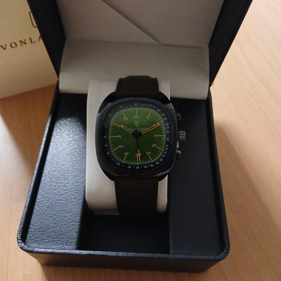 VONLANTHEN WRISTWATCH – GREEN DIAL, BROWN LEATHER STRAP, BOXED