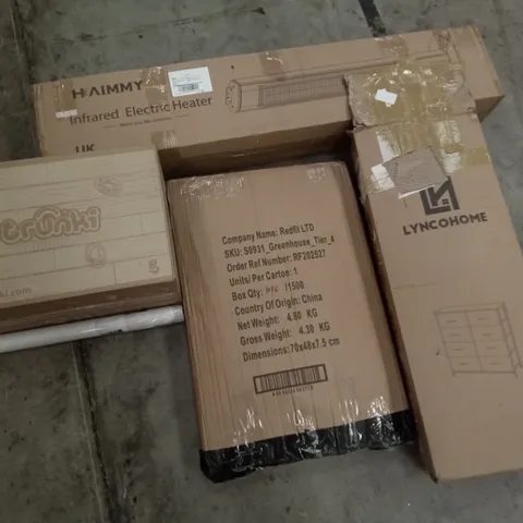 PALLET OF ASSORTED ITEMS INCLUDING TRUNKI, HAIMMY INFRARED ELECTRIC HEATER, REDFIT GREENHOUSE, LYNCOHOME CHEST OF 8 DRAWERS, CONTACT PAPER