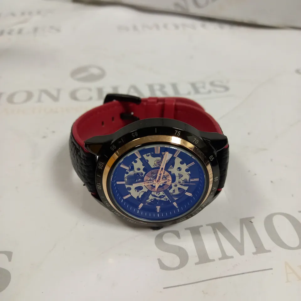 MEN’S STOCKWELL AUTOMATIC SPORTS WATCH SKELETON DIAL, BLACK LEATHER STRAP WITH RED DETAILING