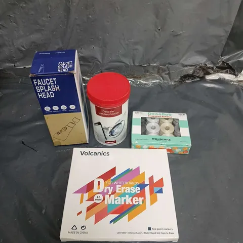 BOX OF APPROXIMATELY 20 HOUSEHOLD ITEMS TO INCLUDE - FAUCET SPLASH HEAD - DRY ERASE MARKERS AND DECOBOB BOBBINS