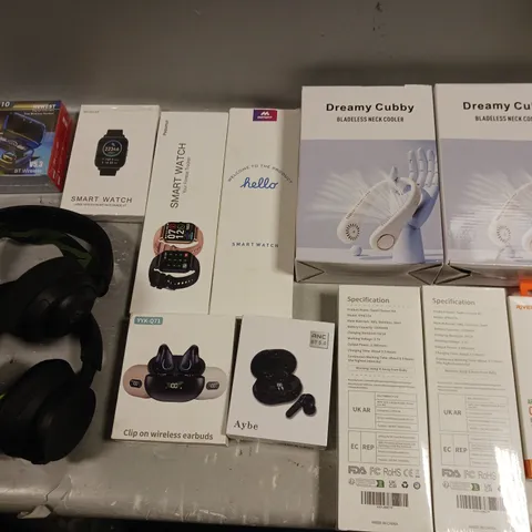 LARGE BOX OF ASSORTED ELECTRICAL GOODS TO INCLUDE WIRELESS EARBUDS, TOOTH CLEANING KIT, NECK FAN, SMART WATCHES, AND GAMING HEADSET ETC.