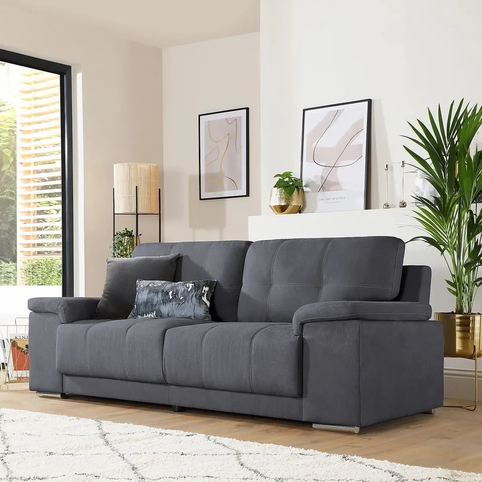 BOXED DESIGNER KANSAS SLATE GREY PLUSH FABRIC 3 SEATER SOFA