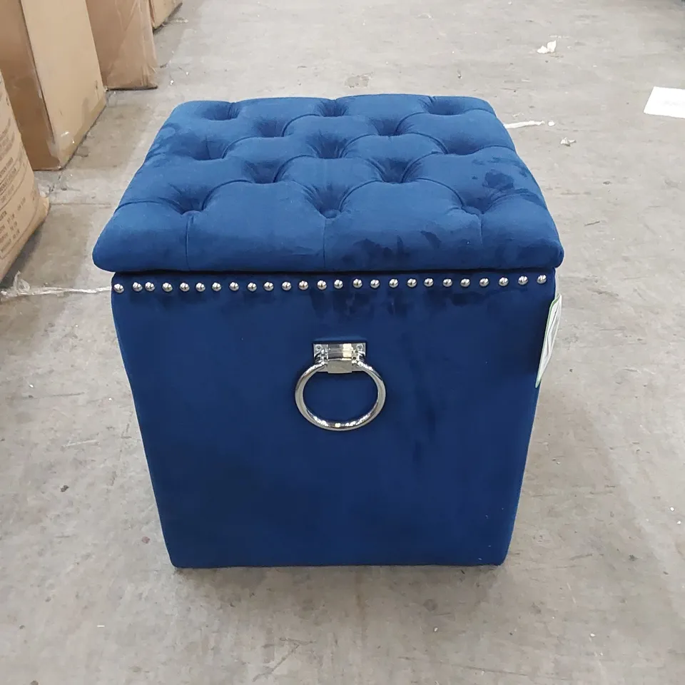 BOXED LUCCA SQUARE OTTOMAN IN ROYAL BLUE VELVET WITH ROUND CHROME KNOCKER 
