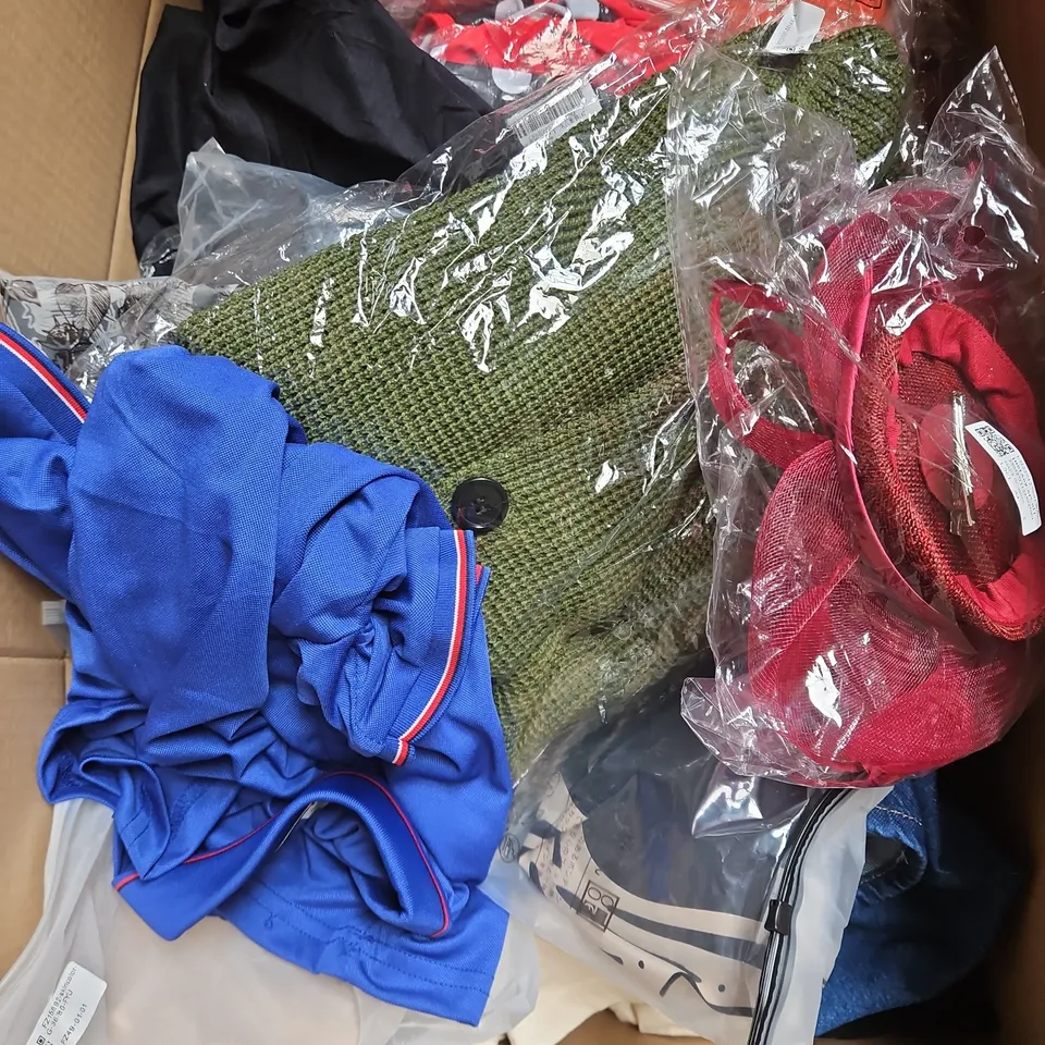 BOX OF APPROXIMATELY 20 ASSORTED CLOTHING ITEMS TO INCLUDE - JACKET, TROUSERS, CARDIGAN, ETC
