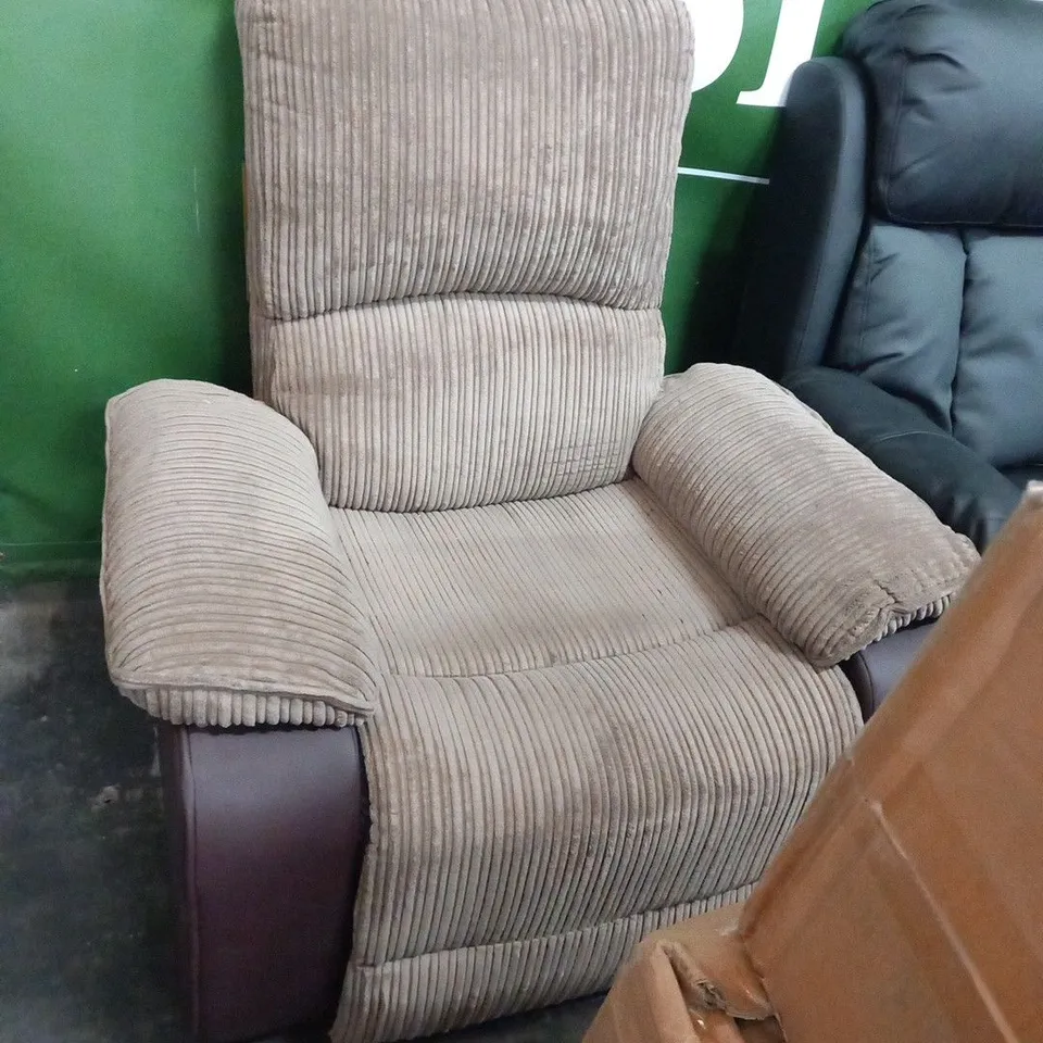 DESIGNER BEIGE CORDED FABRIC AND BROWN FAUX LEATHER MANUAL RECLINING ARMCHAIR 