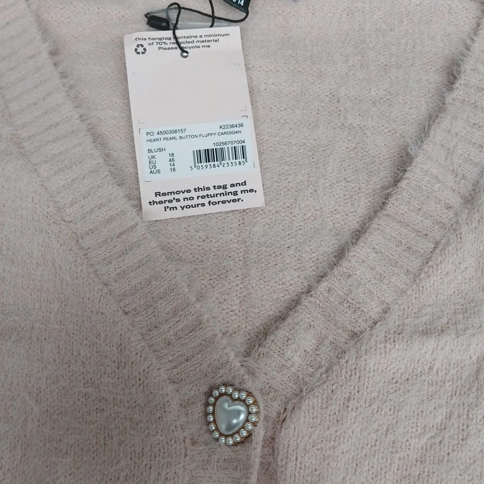 MISSGUIDED HEART PEARL BUTTON FLUFFY CARDIGAN IN BLUSH - UK 18