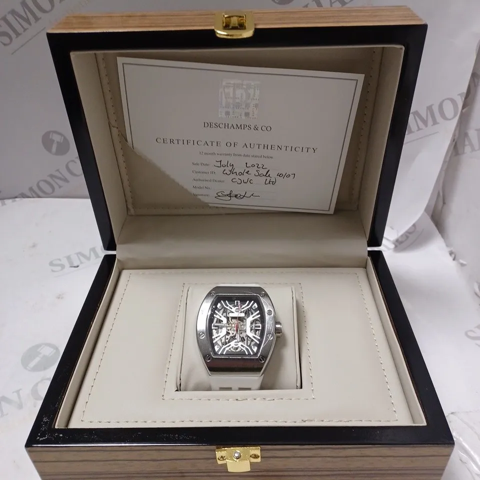MENS AUTOMATIC DESCHAMPS & CO WATCH – SKELETON DIAL – GLASS EXHIBITION BACK CASE – RUBBER STRAP