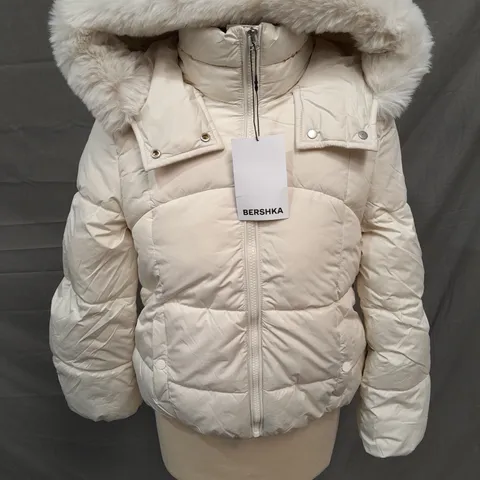 BERSHKA WHITE HOODED KIDS COAT - 10/12 YRS