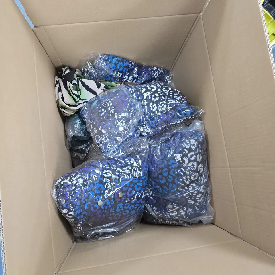 BOX OF APPROXIMATELY 10 ASSORTED ITEMS TO INCLUDE: MULTI COLOURED COAT AND GREEN DRESS