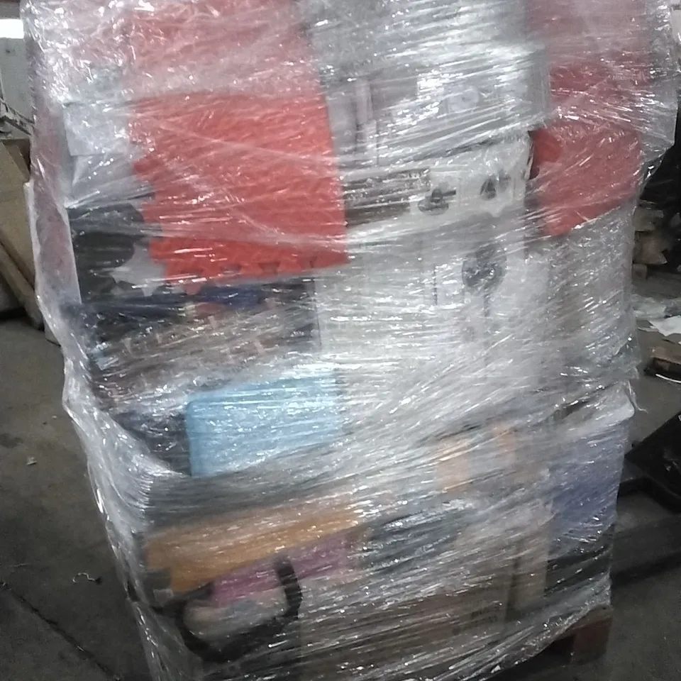 PALLET CONTAINING A LARGE QUANTITY OF ASSORTED HOUSEHOLD GOODS WHICH INCLUDE; FANS, SUITCASES, PARASOLS, CHAIRS, PLAYPEN ETC