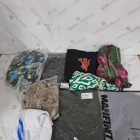 LARGE BOX OF ASSORTED CLOTHING ITEMS IN VARIOUS COLOURS AND SIZES INCLUDING TROUSERS , TOPS AND JUMPERS