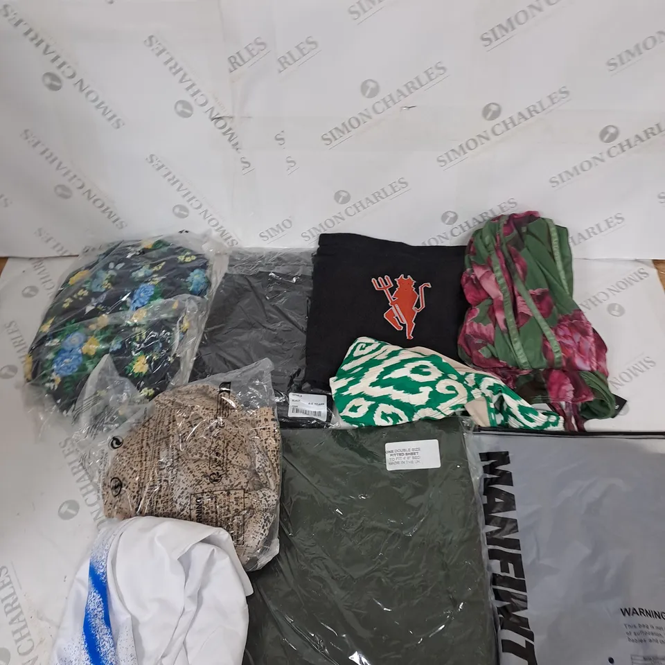 LARGE BOX OF ASSORTED CLOTHING ITEMS IN VARIOUS COLOURS AND SIZES INCLUDING TROUSERS , TOPS AND JUMPERS 