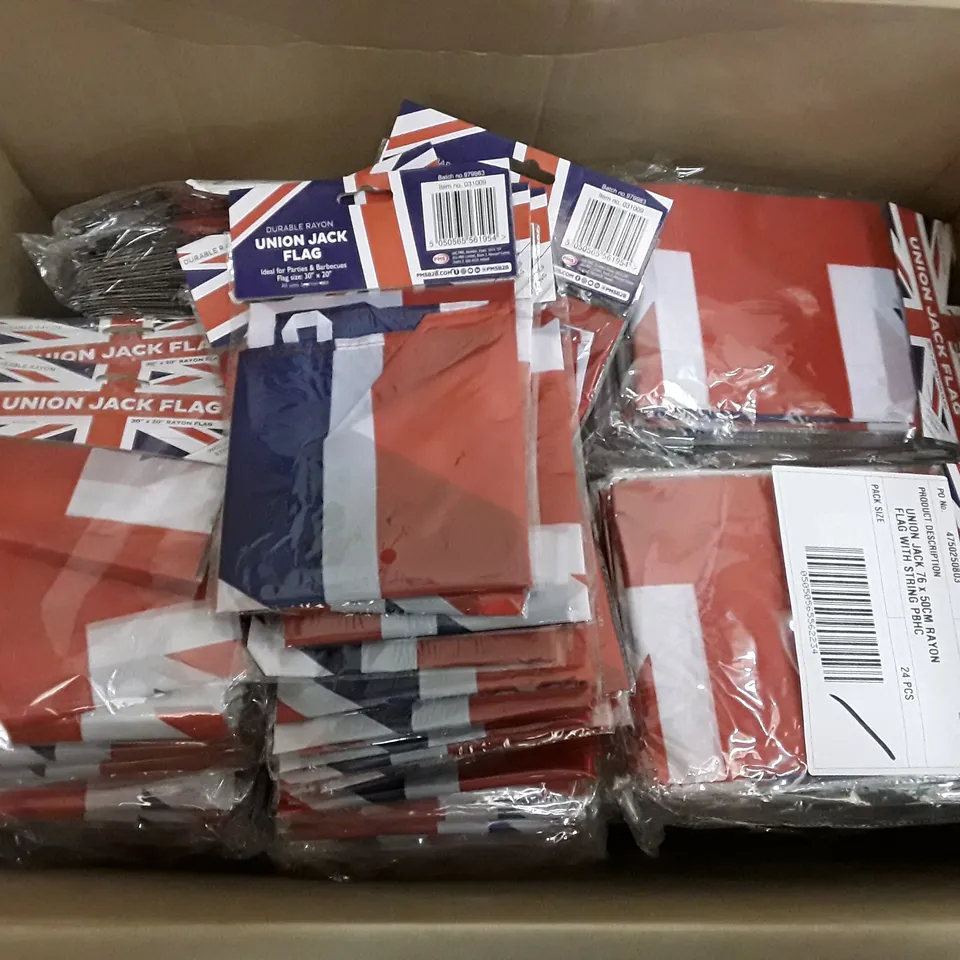 BOX OF APPROXIMATELY 25 PACKS EACH CONTAINING 24 BRAND NEW UNION JACK FLAGS 