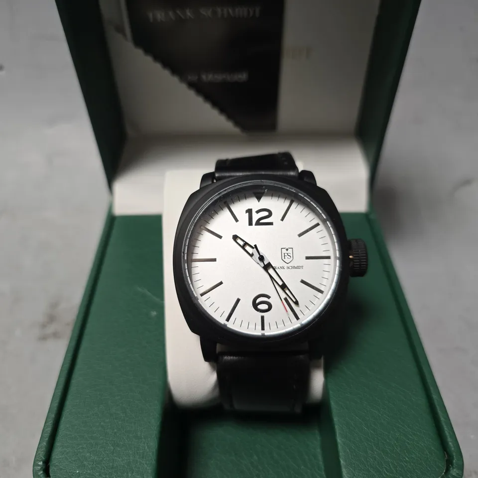 BOXED FRANK SCHMIDT LARGE BLACK CASE WITH PILOT DIAL WATCH