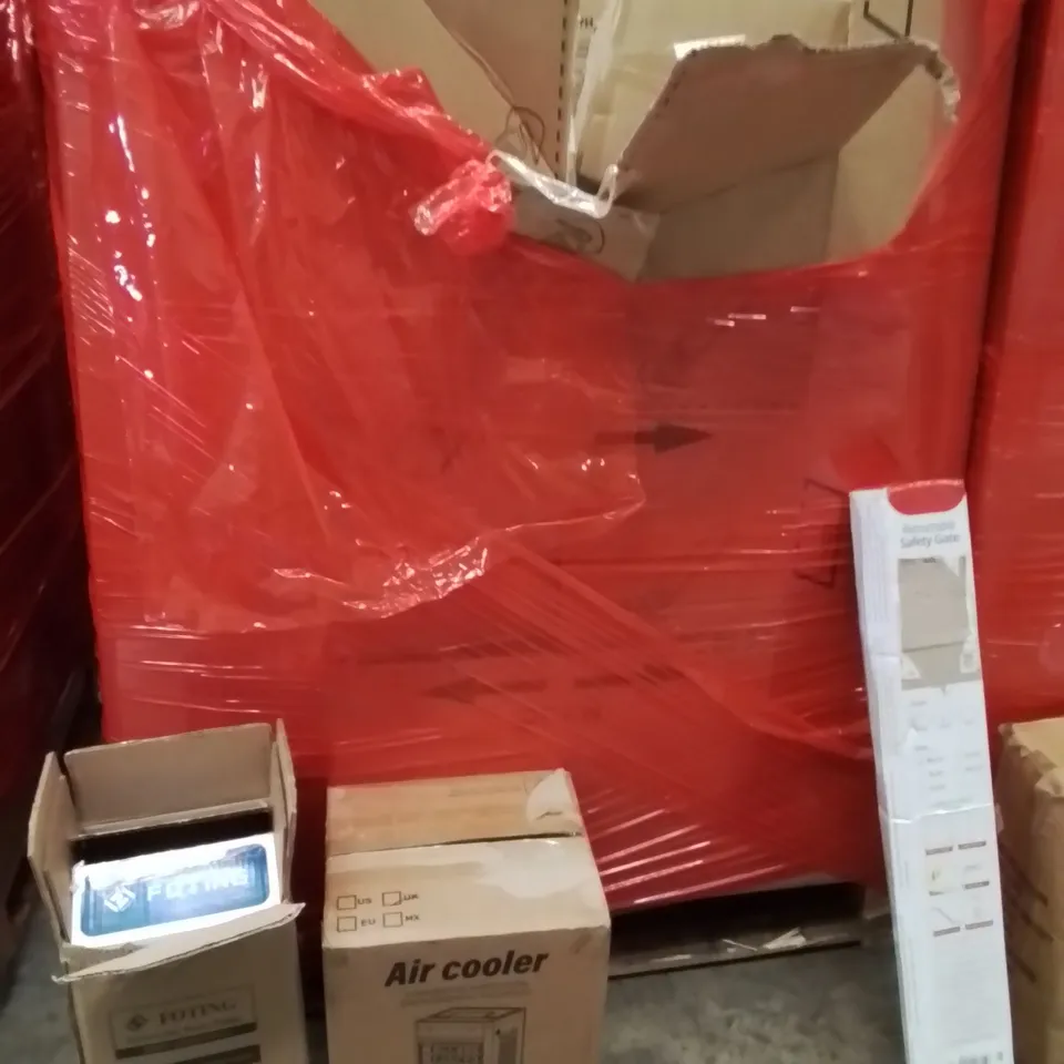 PALLET OF ASSORTED HOUSEHOLD GOODS AND PRODUCTS TO INCLUDE;AIR COOLER,RETRACTABLE SAFETY GATE,WATER PUMP