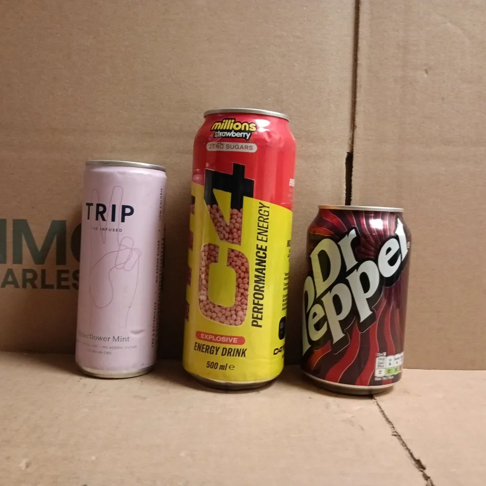 APPROXIMATELY 10 ASSORTED FOOD AND DRINK ITEMS TO INCLUDE DR PEPPER, C4, TRIP, ETC