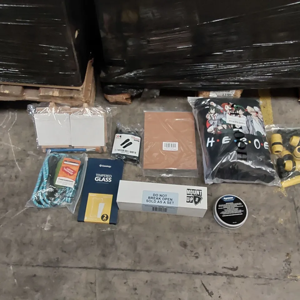 PALLET OF ASSORTED ITEMS INCLUDING: MENS ANIME JUMPER, GLASS SCREEN PROTECTOR, PICTURE MOUNTS, MINI EASEL, DOG LEAD, HOSE PIPE SPITTER