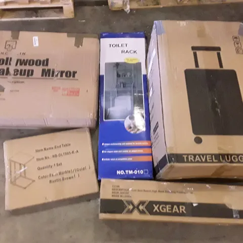PALLET OF ASSORTED PRODUCTS INCLUDING TRAVEL LUGGAGE, X GEAR CAMPING FOLDING CHAIR, TOILET RACK, HOLLYWOOD MAKEUP MIRROR, END TABLE