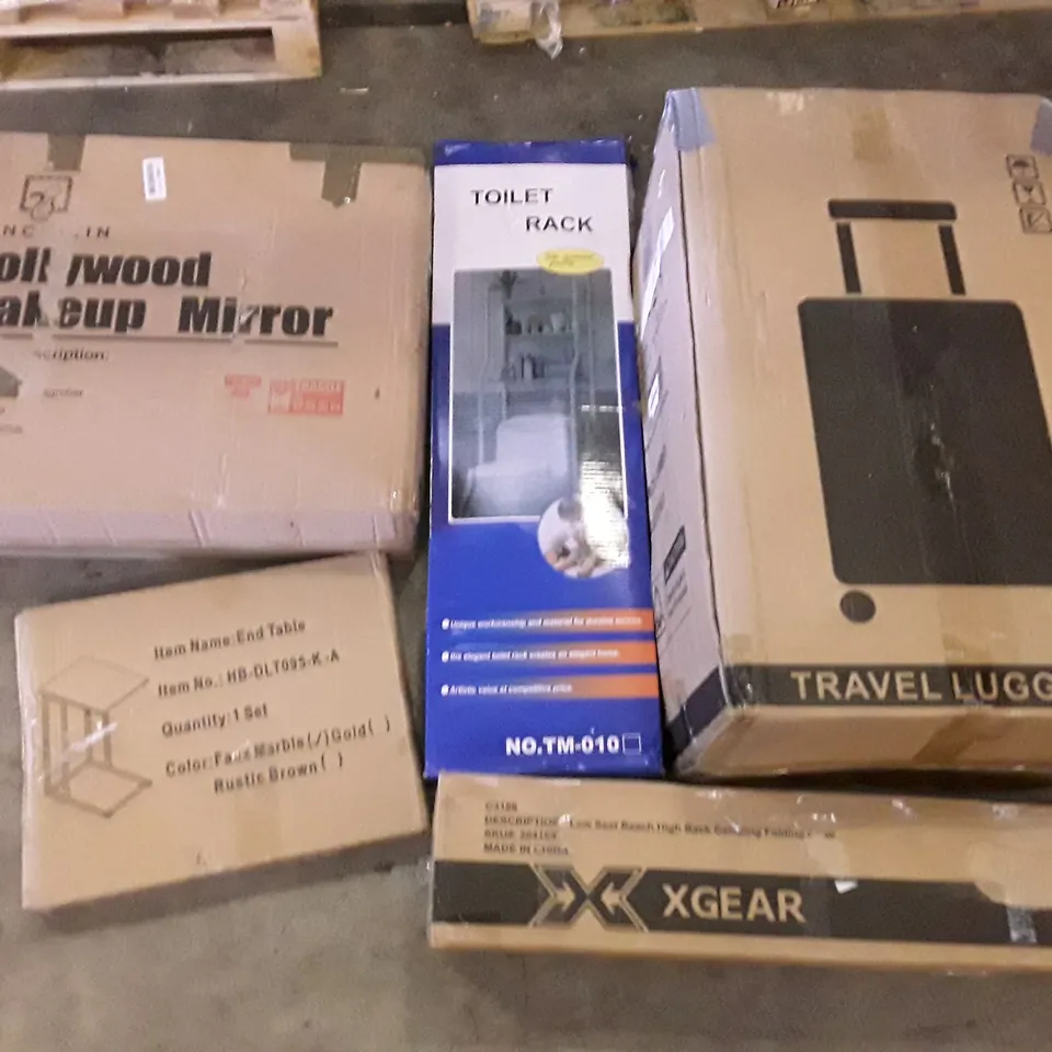 PALLET OF ASSORTED PRODUCTS INCLUDING TRAVEL LUGGAGE, X GEAR CAMPING FOLDING CHAIR, TOILET RACK, HOLLYWOOD MAKEUP MIRROR, END TABLE