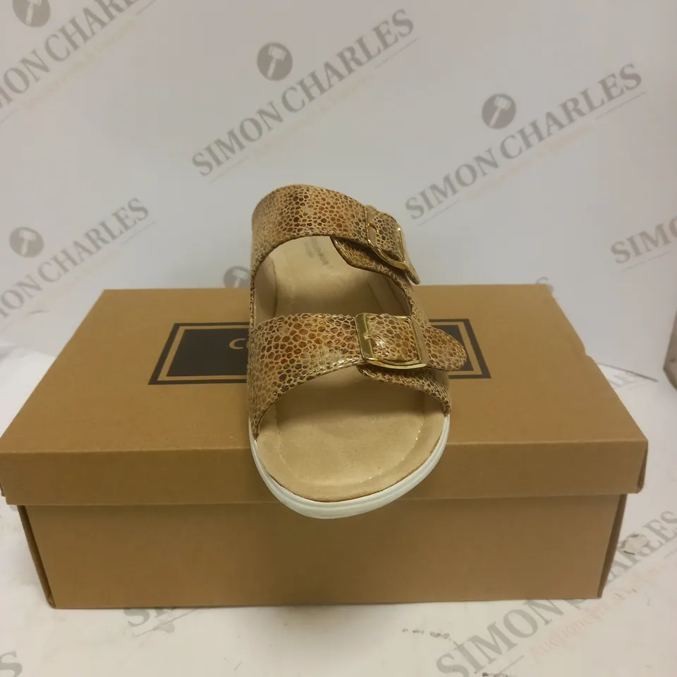 BOXED PAIR OF CUSHION WALK GOLD STRAPPY SANDALS - SIZE 6